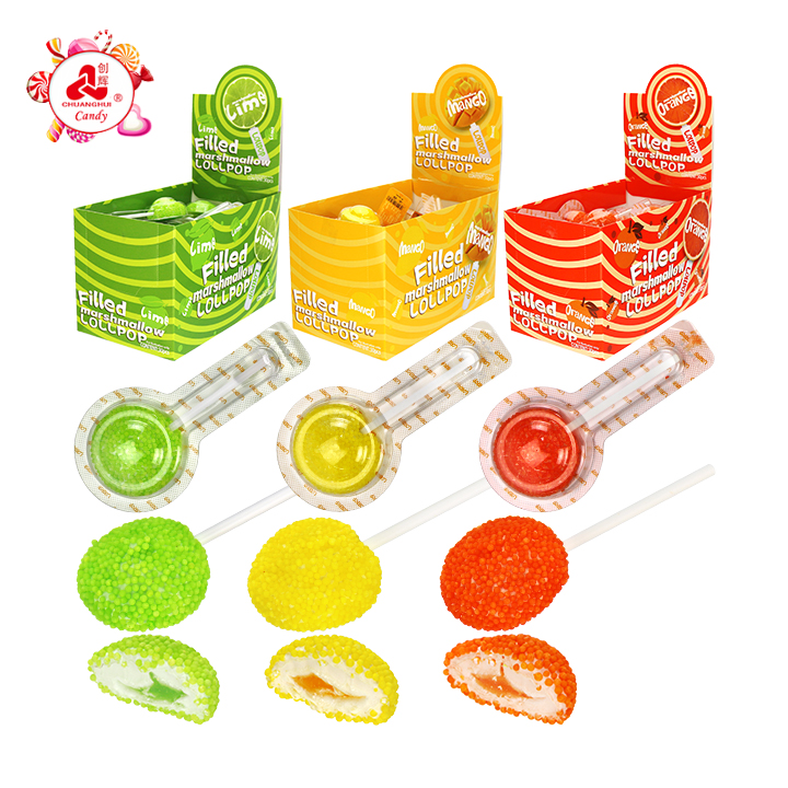 Sugar Sour Bead Coated Marshmallow Lollipop Candy with Jam Pop CH-M248