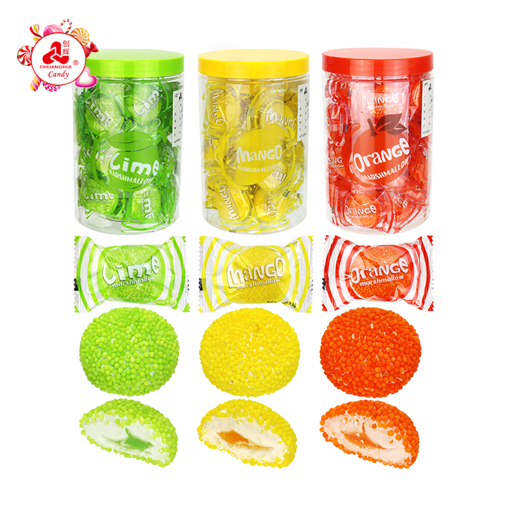 Super Sour Sugar Bead Coated Marshmallow Candy with Jam Filling CH-M249