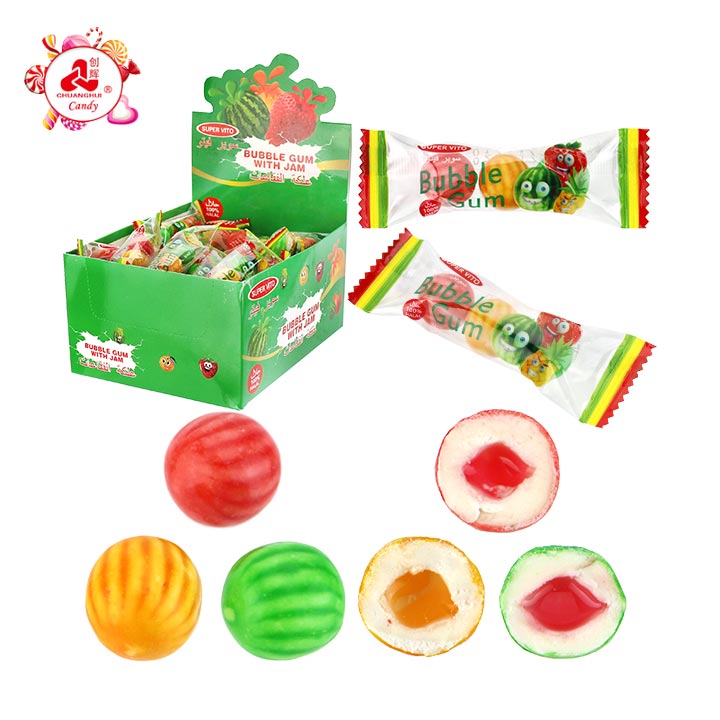 3 in 1 Round Watermelon Fruity Chewing Bubble Gum with jam CH-E368