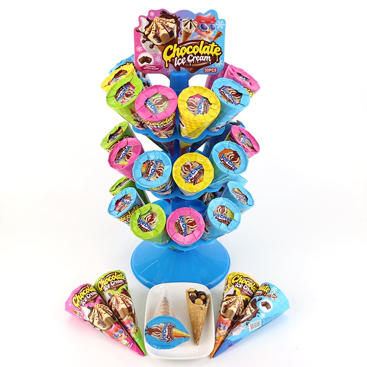 Chocolate Ice Cream Cone Shaped Wafer Filled Choco Jam and Crispy Biscuit Balls in Display Stand CH-BC180