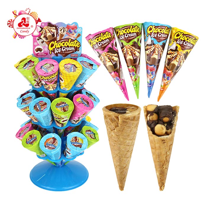 Chocolate Ice Cream Cone Shaped Wafer Filled Choco Jam and Crispy Biscuit Balls in Display Stand CH-BC180