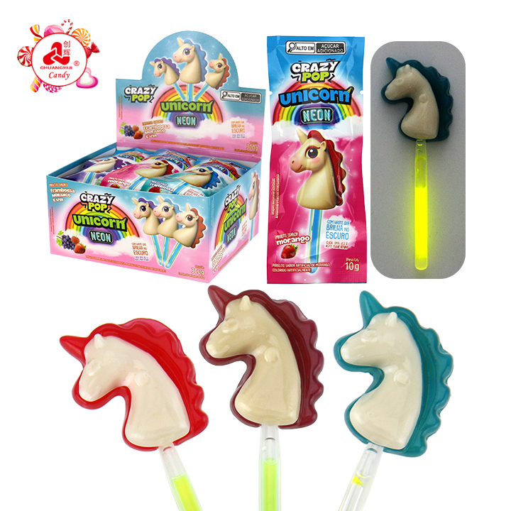 Crazy Pop Unicorn Shaped Neon Glow Lollipop - Fruit Flavored Hard Candy with Glow Stick CH-A114