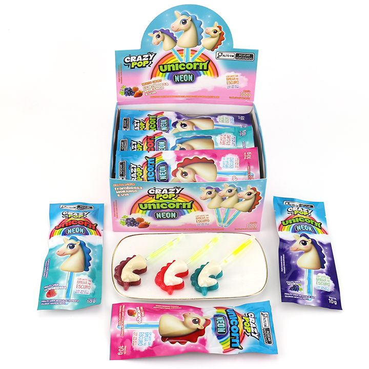 Crazy Pop Unicorn Shaped Neon Glow Lollipop - Fruit Flavored Hard Candy with Glow Stick CH-A114