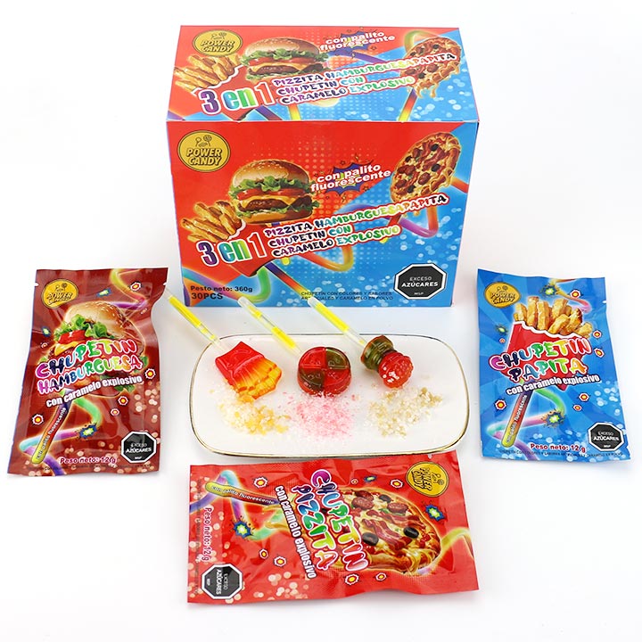 3-in-1 Hamburger,Pizza,French Fries Shaped Neon Glow Stick Lollipop with Popping Candy CH-B397