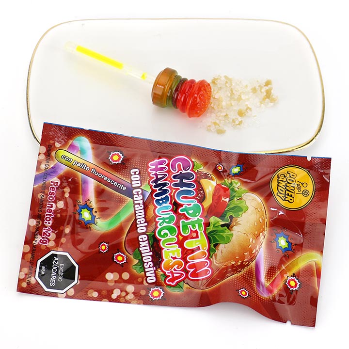 3-in-1 Hamburger,Pizza,French Fries Shaped Neon Glow Stick Lollipop with Popping Candy CH-B397