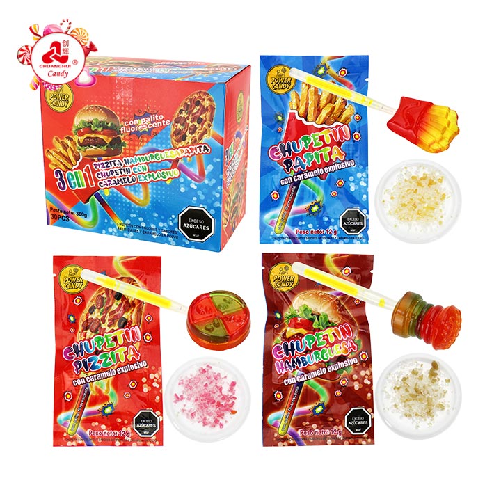 3-in-1 Hamburger,Pizza,French Fries Shaped Neon Glow Stick Lollipop with Popping Candy CH-B397