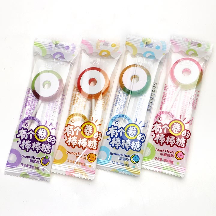 2-in-1 dual-color circular donut doughnut shaped fruit flavored hard lollipop with pressed candy BP163