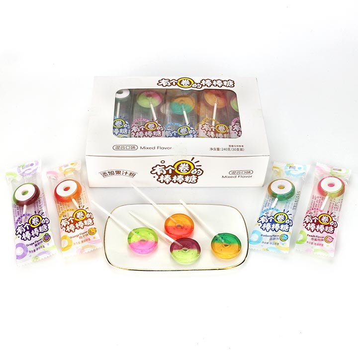 2-in-1 dual-color circular donut doughnut shaped fruit flavored hard lollipop with pressed candy BP163