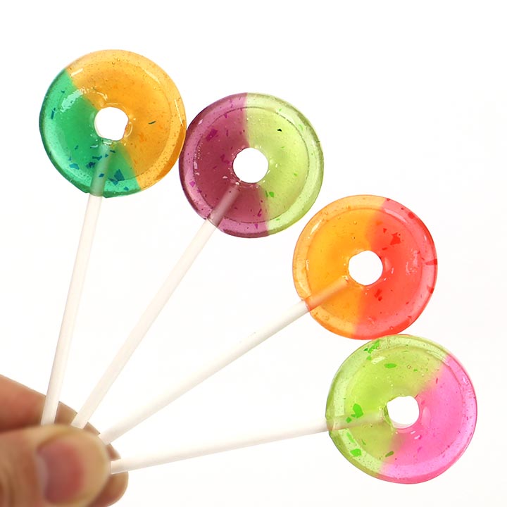 2-in-1 dual-color circular donut doughnut shaped fruit flavored hard lollipop with pressed candy BP163