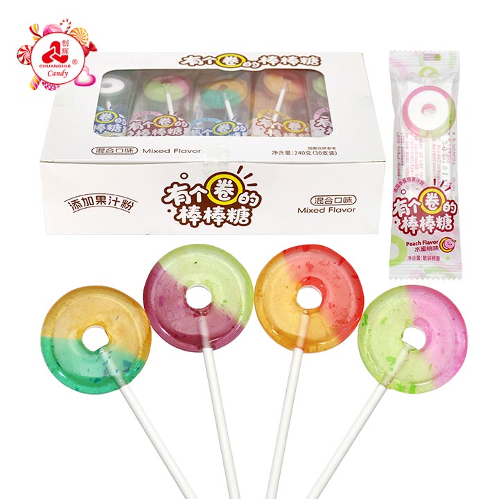2-in-1 dual-color circular donut doughnut shaped fruit flavored hard lollipop with pressed candy BP163