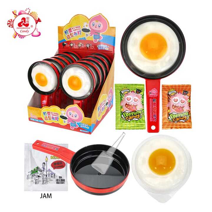 70g DIY Fried Egg jelly pudding with pan toy & strawberry jam & popping candy CH-K323