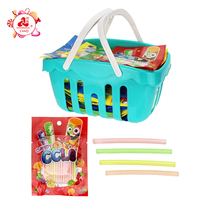 Assorted Fruit Flavor CC Stick Straw Sour Powder Candy in basket packaging CH-C131 Assorted Fruit Flavor CC Stick Straw Sour Powder Candy in basket packaging CH-C131