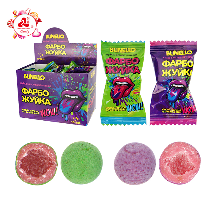 Color bubble gum ball with sour powder filling CH-E376
