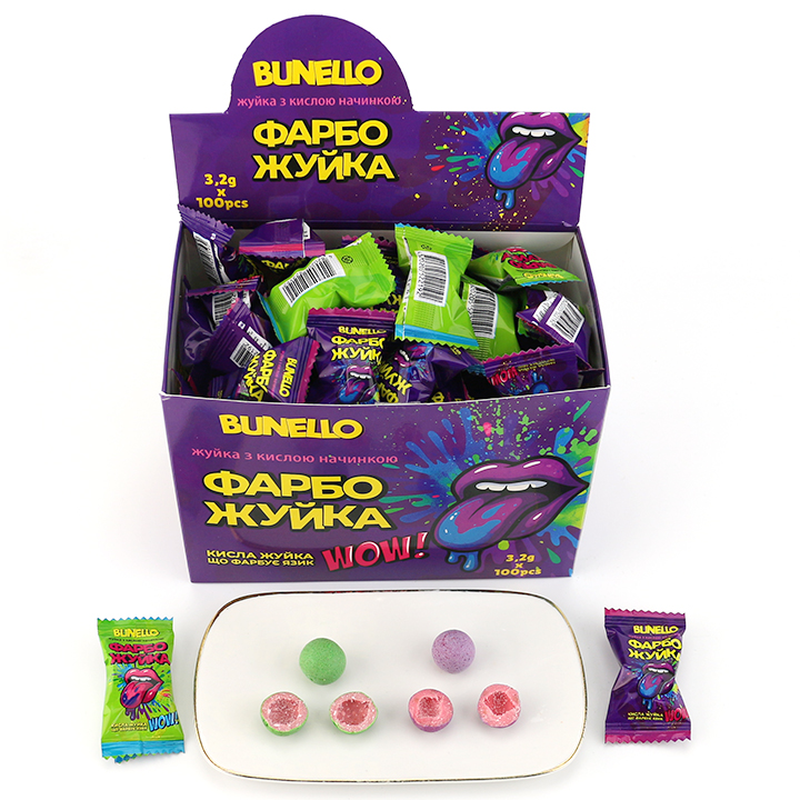 Color bubble gum ball with sour powder filling CH-E376