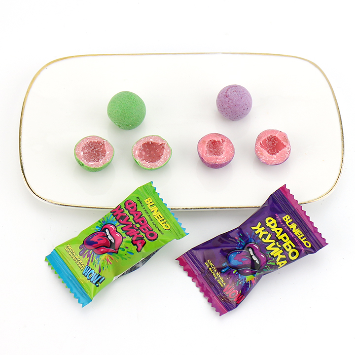 Color bubble gum ball with sour powder filling CH-E376