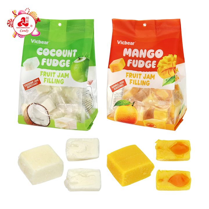 Square Mango & Coconut Flavor Soft Fudge Candy Gummy With Jam Filling CH-J783