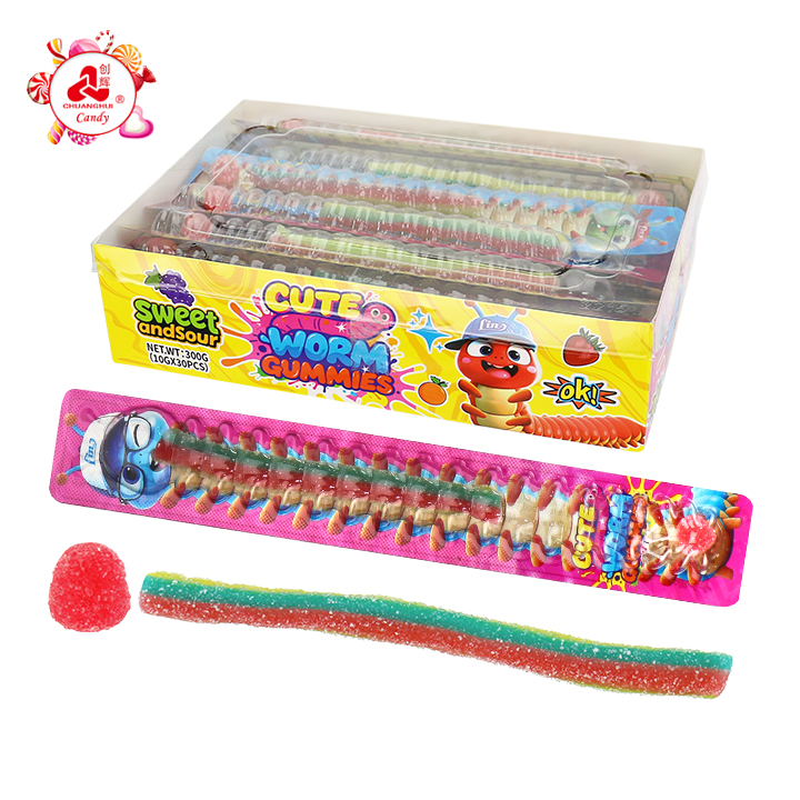 Cartoon worm centipede sour gummy candy stick+raspberry gummies powder filled CH-J795