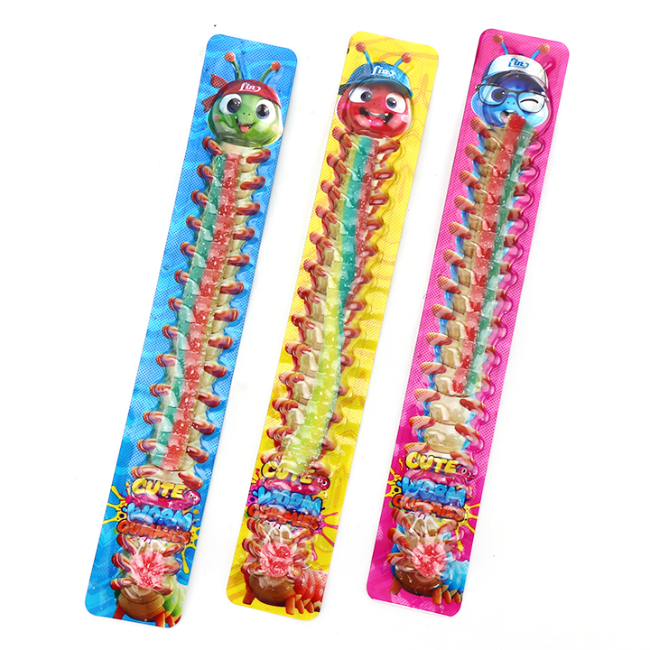 Cartoon worm centipede sour gummy candy stick+raspberry gummies powder filled CH-J795