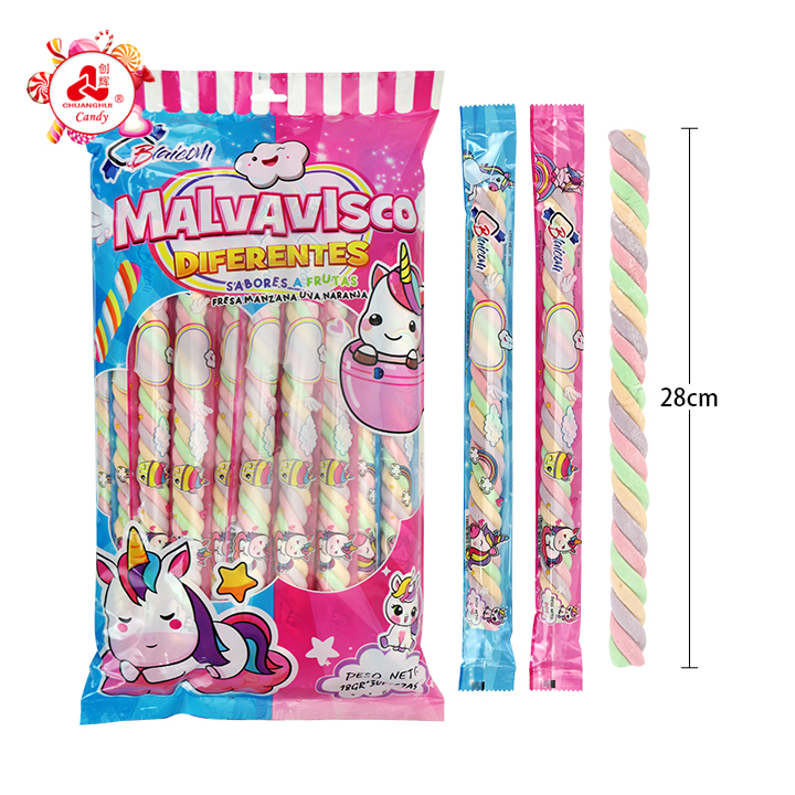28cm Long Assorted Fruit Flavor Twisted Rainbow Marshmallow Stick CH-M264