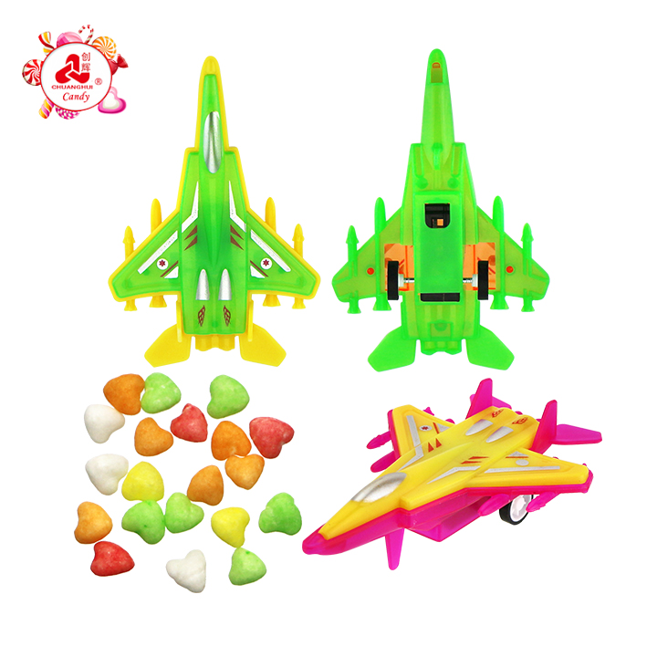 Fighter aircraft shape pull-back car toy candy with Love heart puffed candy CH-T1478