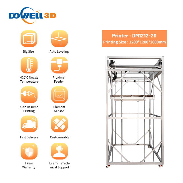 DOWELL Large Size 2 extruder carbon fiber 3D printers for industrial 3d filament DM series