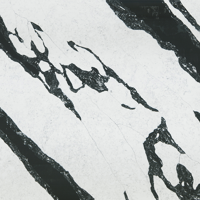 Weißer Quarz mit Zebra-Textur und Aufsatzbecken mit schwarzer Linie