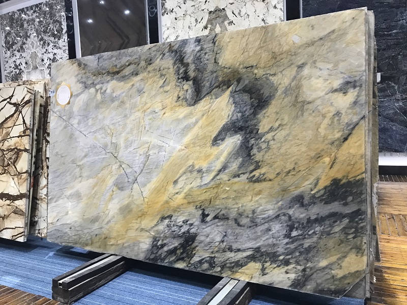 Gold blue marble stone slabs wall house design