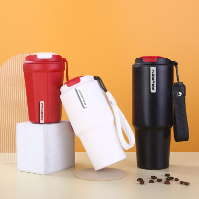 Doppelwandiger Isolierbecher aus Edelstahl für unterwegs, Kaffeebecher mit Deckel und Riemen