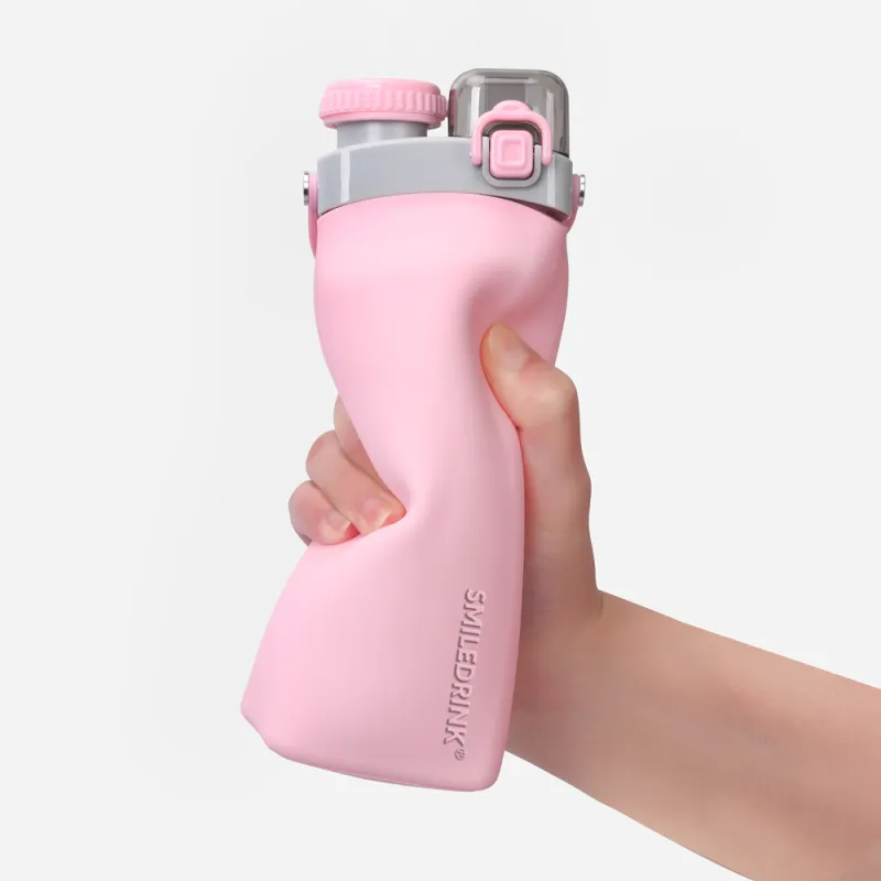 smiledrink Unbreakable foldable Silicone drinkware custom folding collapsible Silicone drink sport water bottle with Straw
