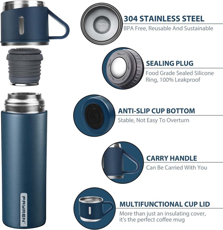 Luxury Hot and Cold Double Wall Stainless Steel Insulated Water Bottle Leak Proof Bpa Free Reusable Vacuum Thermos with Cup