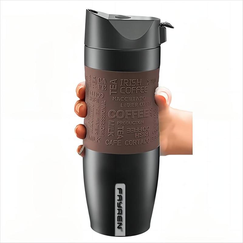 One Click Stainless Steel Coffee Tumbler with Silicone Sleeve Double Wall Water Bottle Press Leak Proof Lid Thermos Vacuum Mug