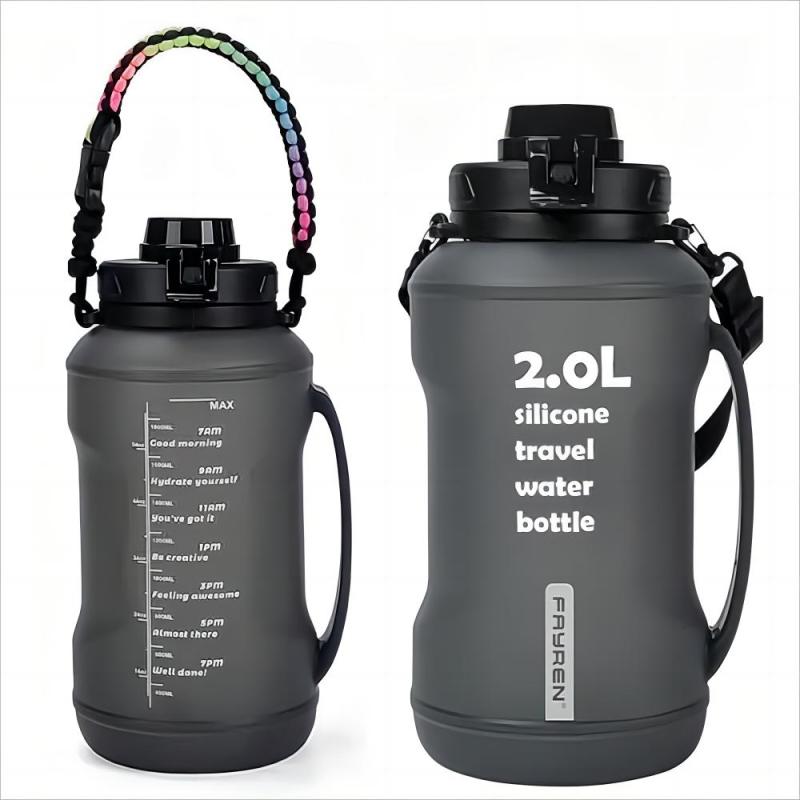 FAYREN BPA Free 2L Sport Gym Travel Collapsible Drinking Bottle Foldable Silicone Water Bottle With Straw And Time Marker