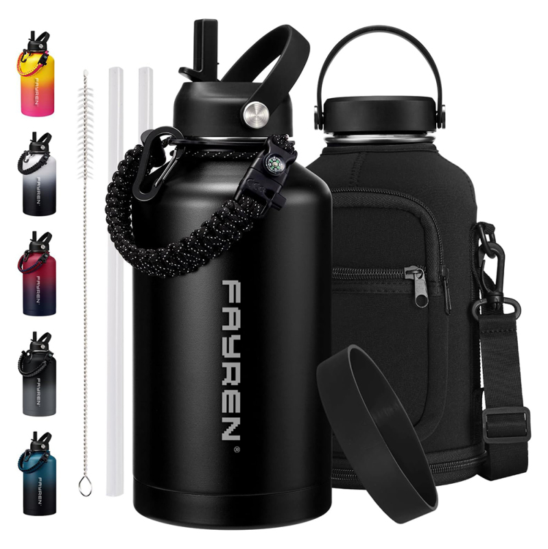 Water Bottle with Paracord Handle Wide Mouth Insulated Double Wall Stainless Steel Large Sports Flask Keep Hot 24 Hours & Cold Water Jug with 3 Lids