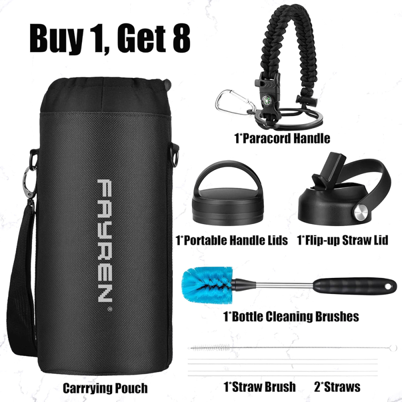 Water Bottle with Paracord Handle Wide Mouth Insulated Double Wall Stainless Steel Large Sports Flask Keep Hot 24 Hours & Cold Water Jug with 3 Lids