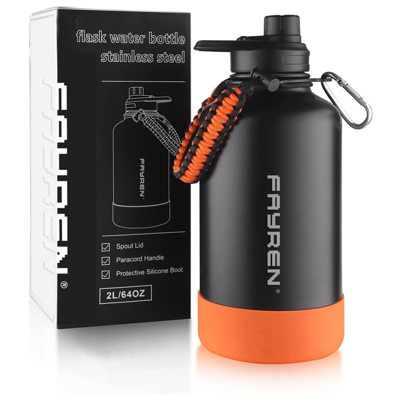 Fayren Wide Mouth Double Wall Vacuum Flask & Thermoses Big Capacity Stainless Steel Sport Water Bottle with 3 Lids and Paracord Handle for Travel