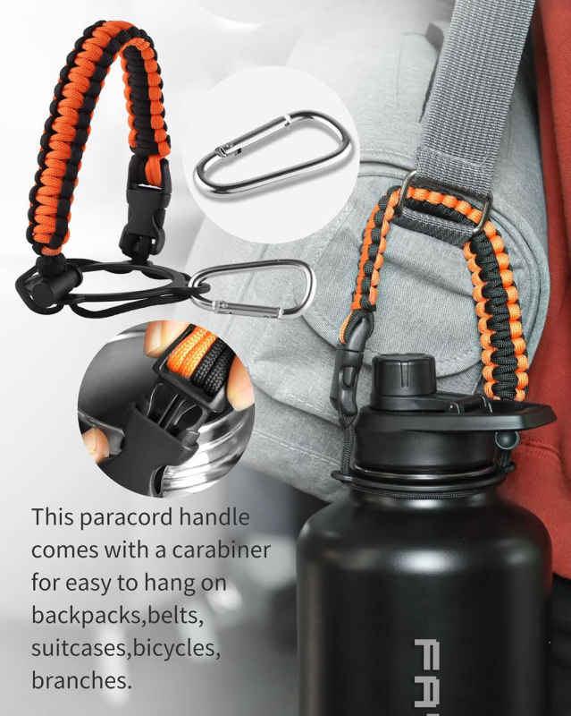 Tracolla personalizzata con anello di sicurezza e moschettone. Bottiglia d'acqua isolata sotto vuoto in acciaio inossidabile a doppia parete con manico in paracord