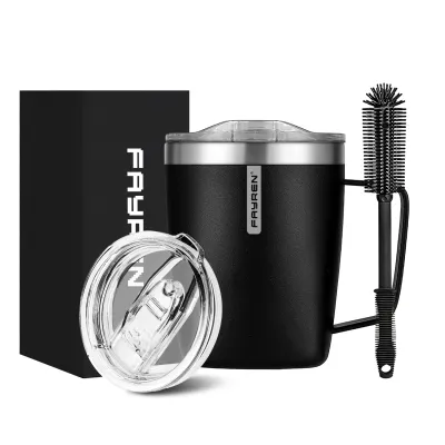 Fayren Stainless 350ml Steel Insulated Coffee Mug with Handle, Double Wall Vacuum Travel Mug, Tumbler Cup with Sliding Lid，Square cup body