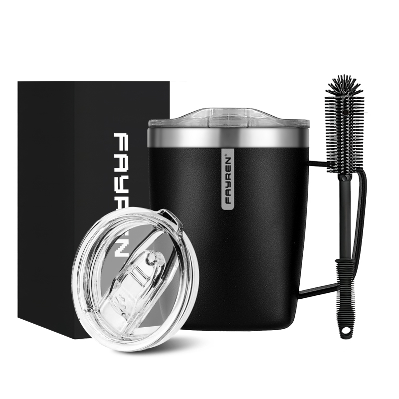 كوب قهوة معزول من الفولاذ المقاوم للصدأ سعة 350 مل من فايرين بمقبض، كوب سفر مزدوج الجدار، كوب بهلوان مع غطاء منزلق، جسم كوب مربع