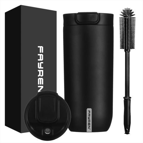 Fayren 500 ml isolierter Kaffeebecher zum Mitnehmen mit Druckknopfdeckel – auslaufsichere wiederverwendbare Reise-Thermos-Wasserflasche – 24 Stunden kalt und 12 Stunden heiß