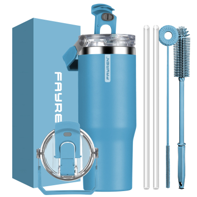 Fayren Gobelets à café avec poignée et couvercle en paille, gobelets isolés en acier inoxydable, tasse à café de voyage garder au chaud pendant 12 heures ou au froid pendant 24 heures