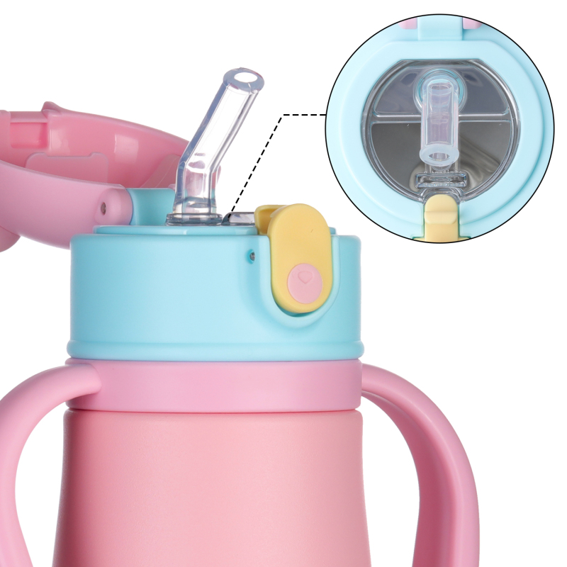 Fayren Cute Insulated Water Bottle 12OZ for Kid,Kawaii Thermos Cup with Straw,Hanging Rope&Cute Pattern,Stainless Steel Coffee Vacuum Thermos Bottle