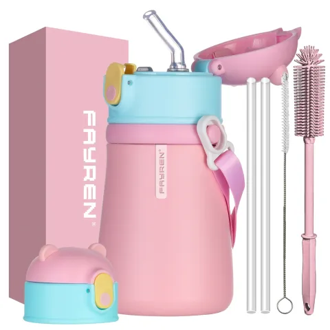 Fayren Linda botella de agua aislada de 12 onzas para niños, taza termo Kawaii con pajita, cuerda colgante y lindo patrón, botella termo de vacío de café de acero inoxidable