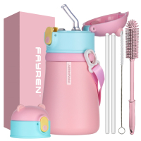 Fayren Cute Insulated Water Bottle 12OZ for Kid,Kawaii Thermos Cup with Straw,Hanging Rope&Cute Pattern,Stainless Steel Coffee Vacuum Thermos Bottle