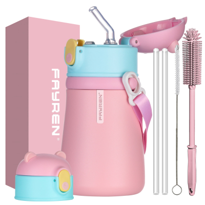 Fayren Cute Insulated Water Bottle 12OZ for Kid,Kawaii Thermos Cup with Straw,Hanging Rope&Cute Pattern,Stainless Steel Coffee Vacuum Thermos Bottle