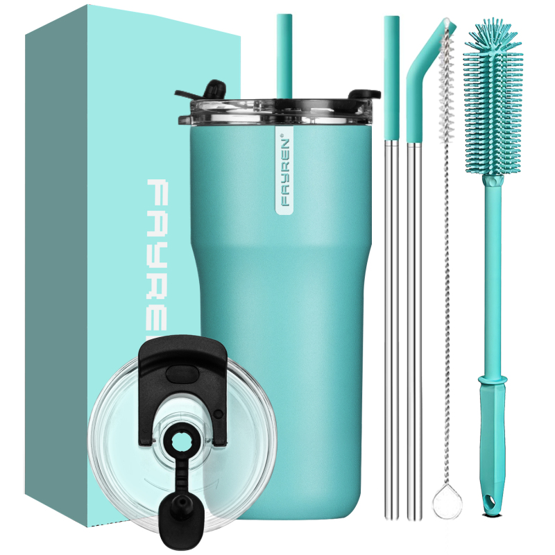 Fayren rostfritt stål tumbler färgblock isolerad tumblers kopp med lock och sugrör, dubbelväggig rese kaffemugg