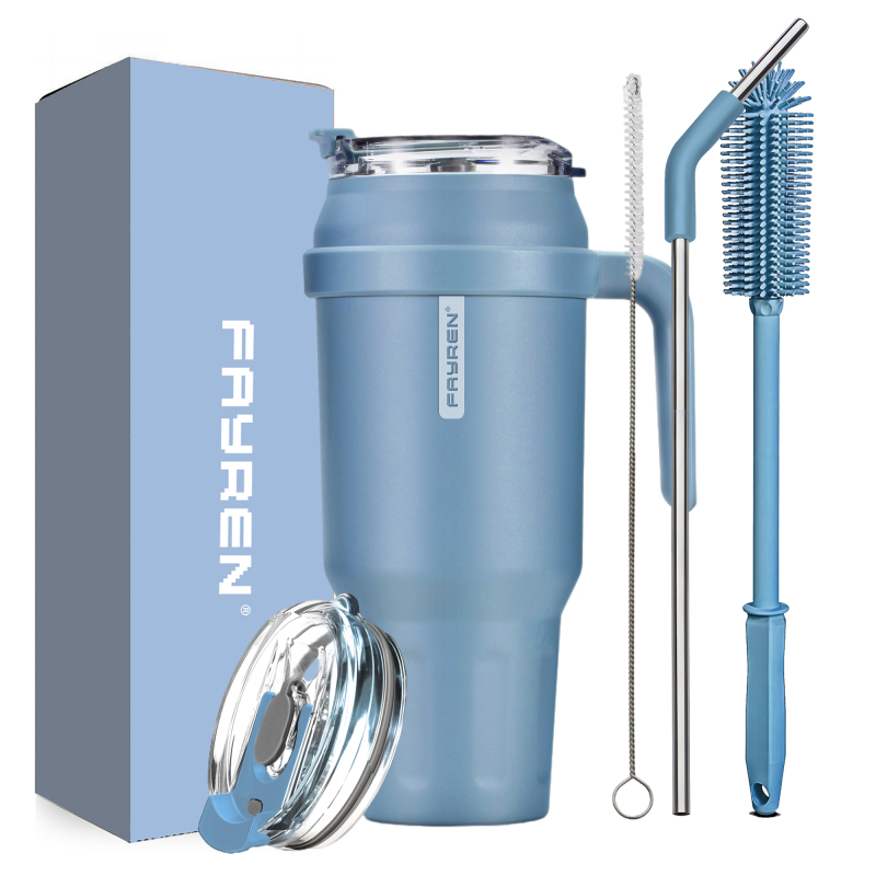 Fayren Bicchiere Termico con Manico, Tazza Sottovuoto in Acciaio Inossidabile a Doppia Parete con Cannuccia e Coperchi, per Bevande Fredde/Calde, a Prova di Perdite, Tazza da Viaggio per caffè