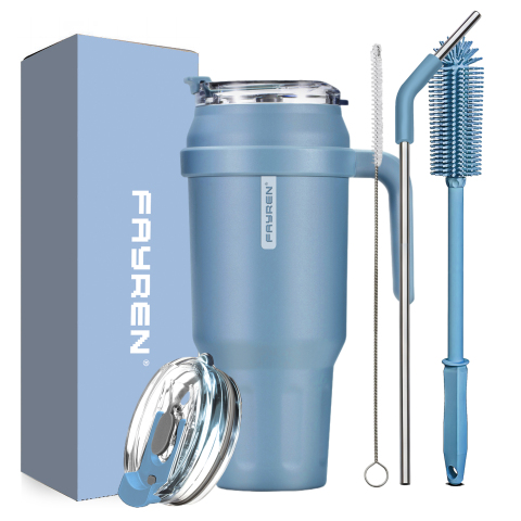 Fayren Isolierbecher mit Griff, doppelwandiger Vakuum-Edelstahlbecher mit Strohhalm und Deckel, für kalte/heiße Getränke, auslaufsicher, Kaffee-Reisebecher