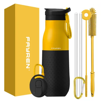 Nuevo diseño Termos de vacío de doble pared Frasco aislado al vacío de boca pequeña Botella de agua deportiva de acero inoxidable con tapa de paja y fundas de silicona