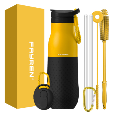 Thermos sottovuoto a doppia parete di nuovo design Boccetta isolata sottovuoto a bocca piccola Borraccia sportiva in acciaio inossidabile con coperchio in paglia e manicotti in silicone