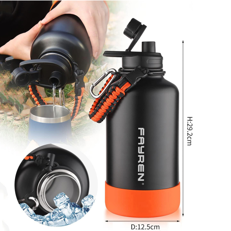 Tracolla personalizzata con anello di sicurezza e moschettone. Bottiglia d'acqua isolata sotto vuoto in acciaio inossidabile a doppia parete con manico in paracord